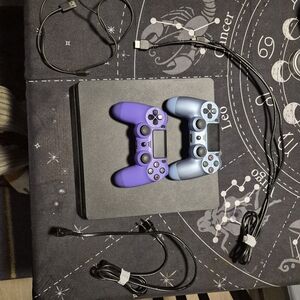 PS4 with Dual Purple and Blue Controllers And Cords